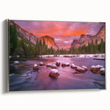 Framed canvas landscape art painting of Yosemite with colorful vintage poster style, ideal for living room decor.