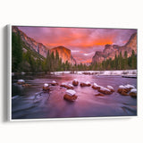 Framed canvas of vintage poster art depicting Yosemite scenery in muted earth tones, ideal for living room decor.
