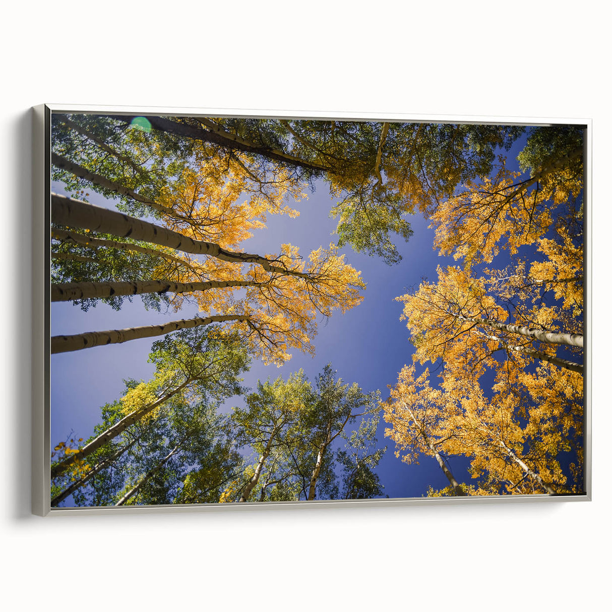 Framed canvas landscape art painting of Vail, Colorado, featuring colorful vintage-style imagery on a black background.