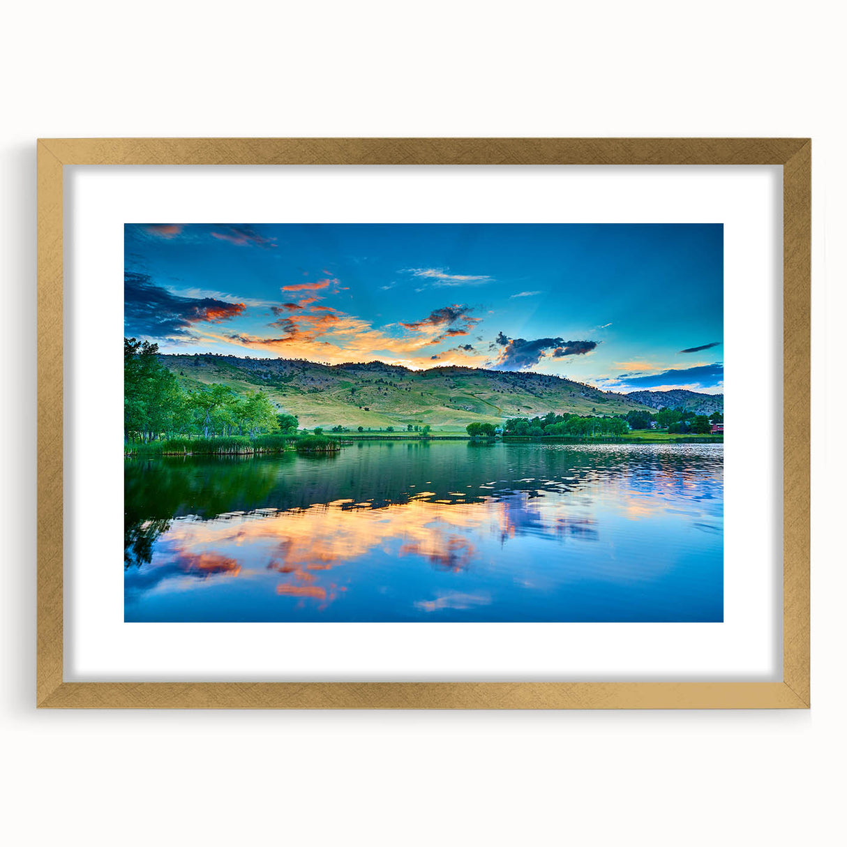 Extra large abstract art print of Boulder, Colorado scenery in textured gold frame, ideal for living room decor.
