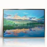 Mid-century modernist style landscape of Boulder, Colorado in acrylic print with a gold frame.