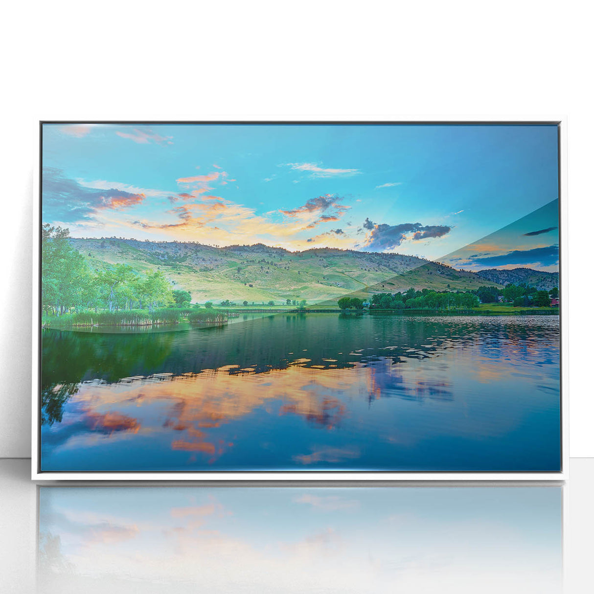 Acrylic print of Boulder, Colorado scenery in art deco style with pastel color palette, framed in white.