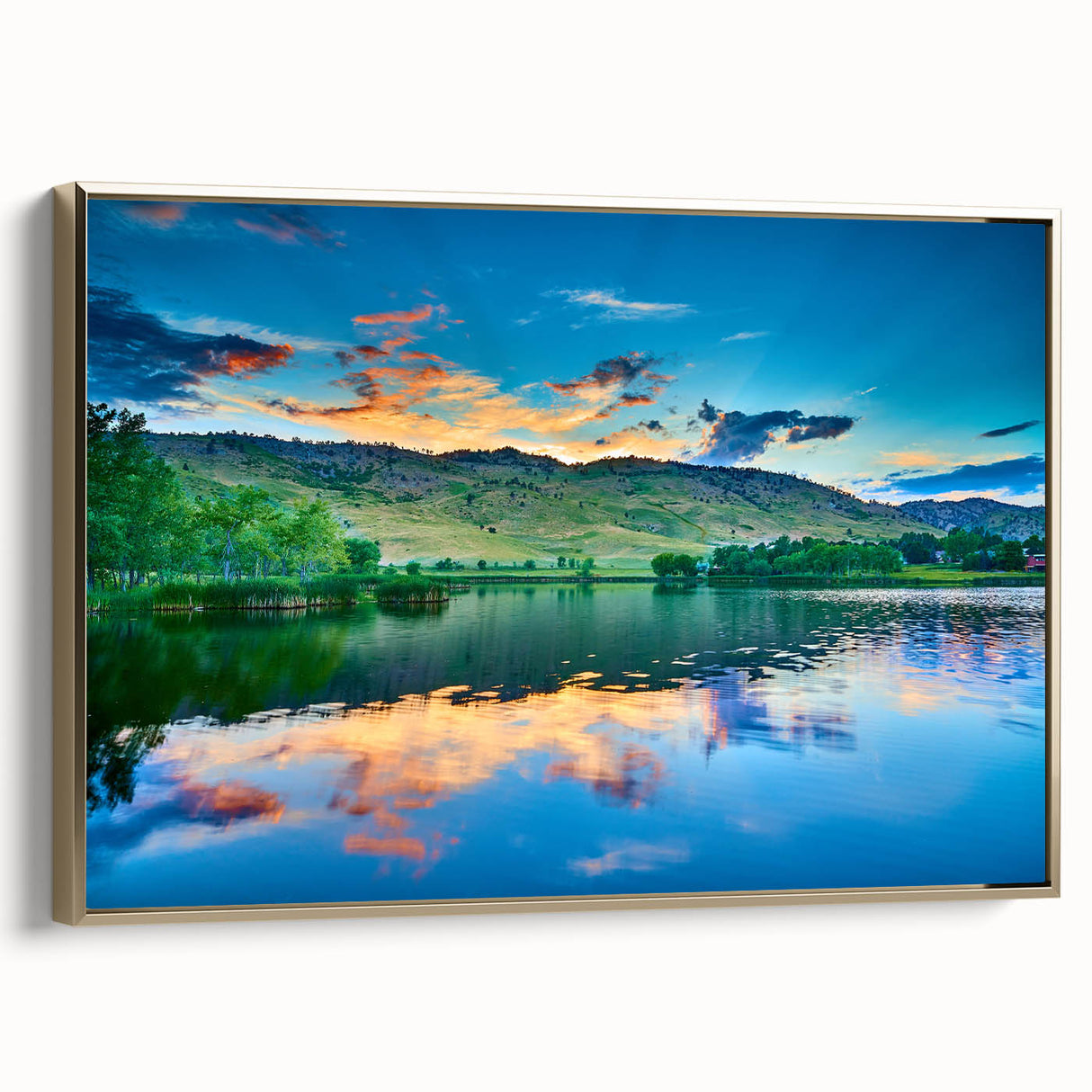 Framed canvas wall art featuring a vintage-style landscape painting of Boulder, Colorado in gold and black tones.
