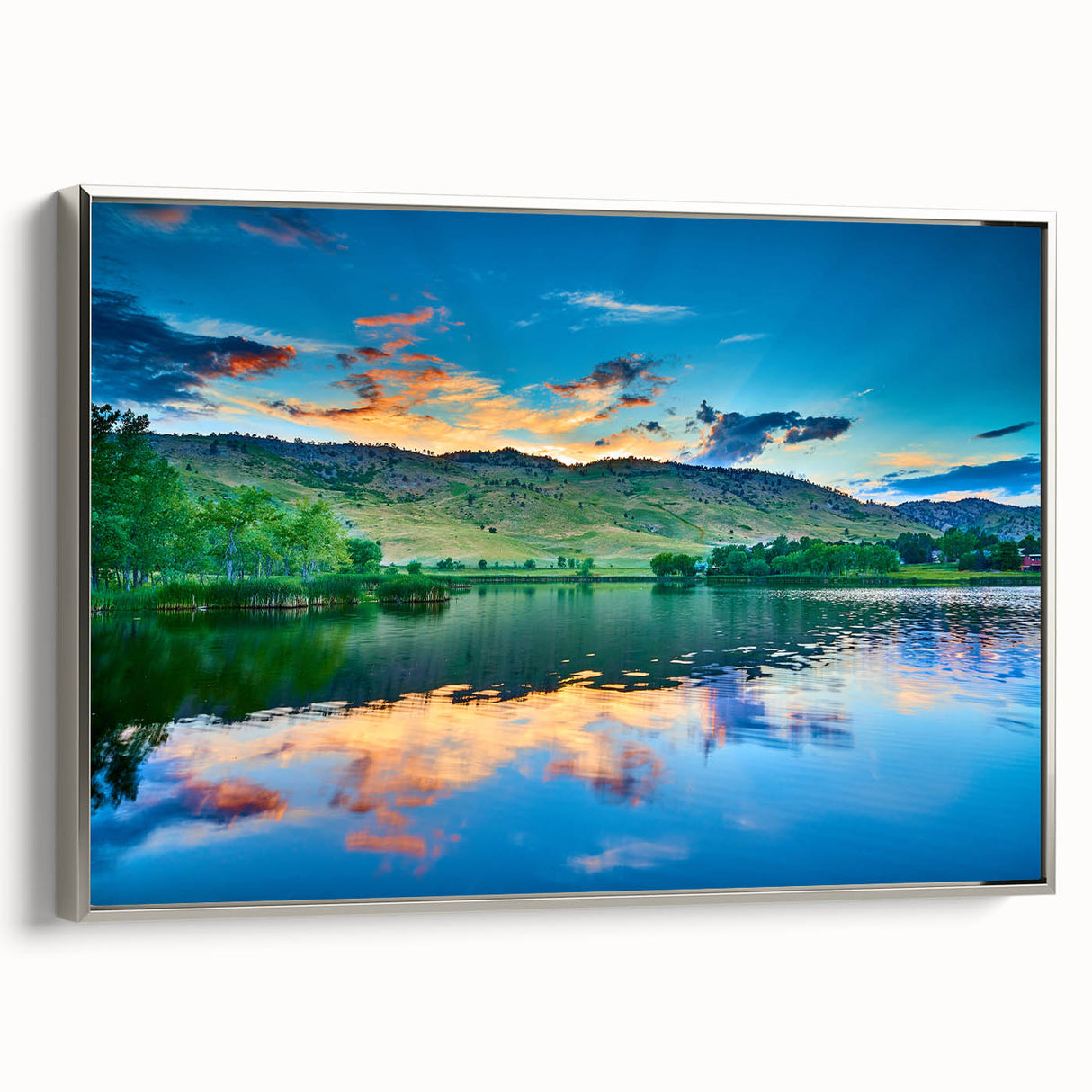 Landscape art painting of Boulder, Colorado, featuring vibrant colors, framed in silver on canvas.