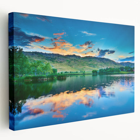 Large wall art depicting Boulder, Colorado scenery in muted earth tones on stretched canvas, suitable for kitchen decor.