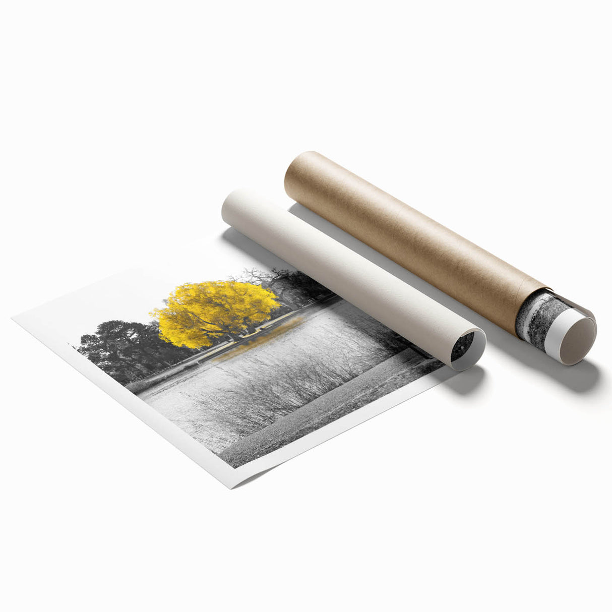 Rolled print of Denver skyline with floral elements in pastel shades, suitable for classy bathroom wall art.