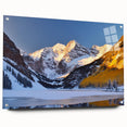 Acrylic print of Maroon Bells, Colorado with muted earth tones, ideal for dining room art.