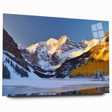 Acrylic print of Maroon Bells, Colorado with vibrant green and blue tones, suitable for bedroom or dining room decor.