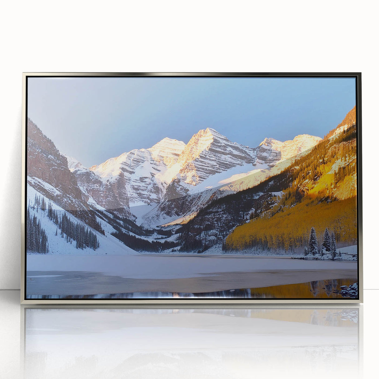 Mid-century modernist art of Maroon Bells, Colorado in acrylic, silver-framed, ideal for modern art wall decor.
