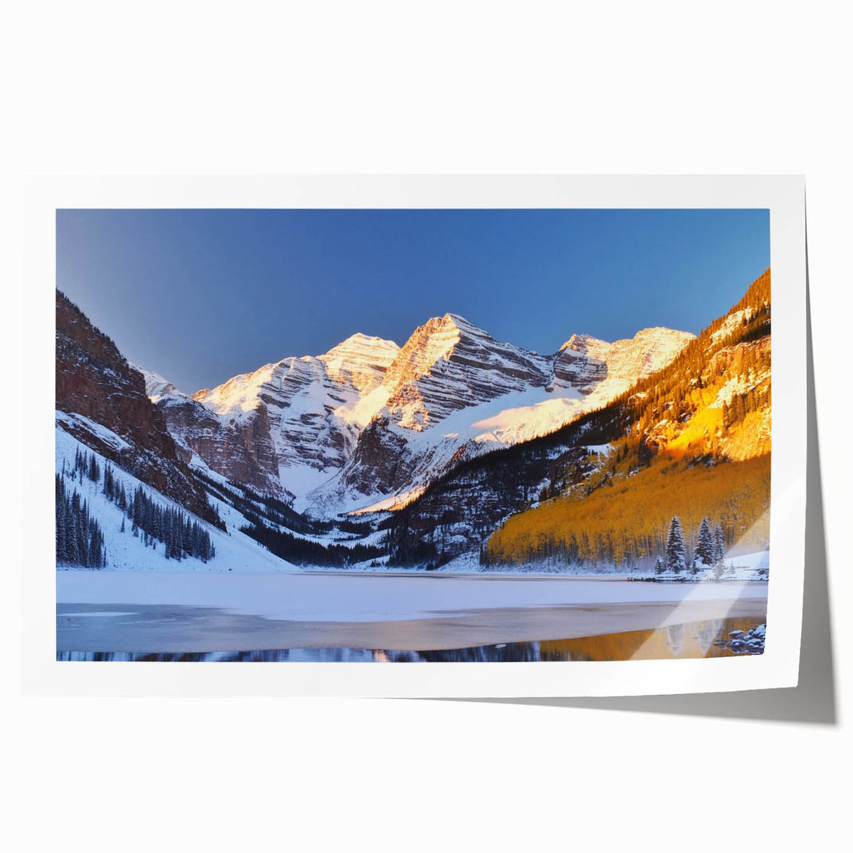 Maroon Bells, Colorado scenery on a rolled print, featuring autumn colors, ideal for art wall dining room.