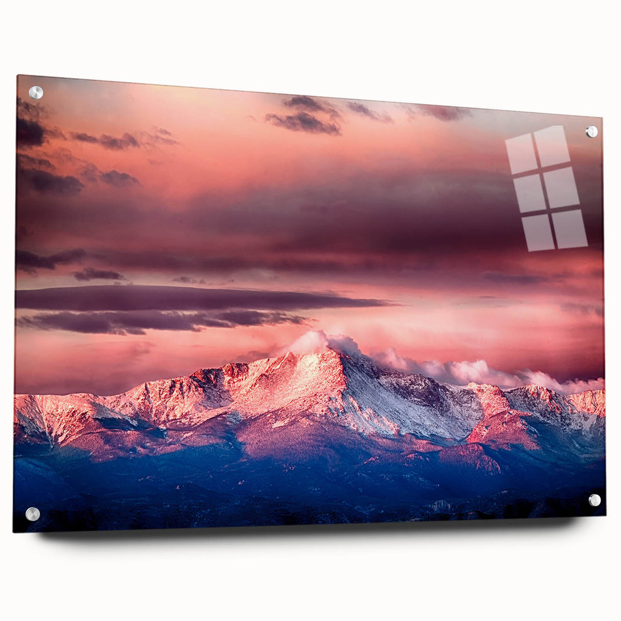 Acrylic print of Pikes Peak, Colorado, in muted earth tones, suitable for bedroom or dining room decor.