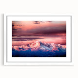 Abstract art print of Pikes Peak in muted earth tones on a white framed canvas, suitable for dining room decor.