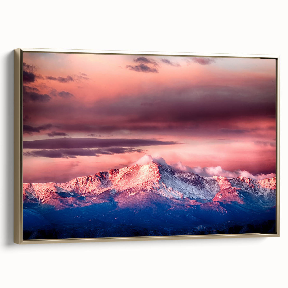 Framed canvas of Pikes Peak landscape in muted gold and black tones, ideal for bedroom wall art.