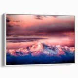 Vintage poster art of Pikes Peak in colorful hues on a large framed canvas, ideal for living room decor.