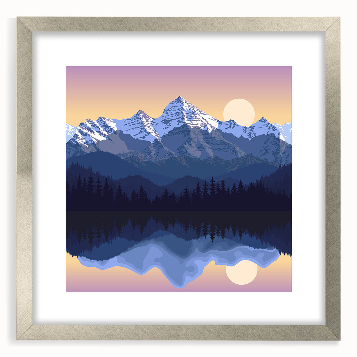 Textured art print of abstract Rocky Mountains in muted earth tones, framed in silver, ideal for bedroom art.
