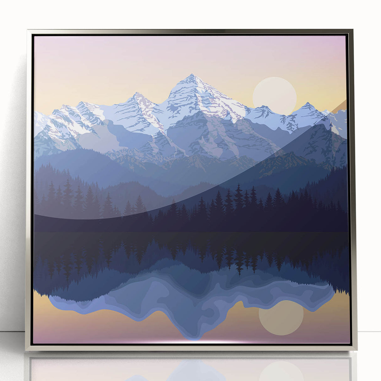 Mid-century modernist art of Rocky Mountains in muted earth tones on framed acrylic, suitable for modern art wall decor.