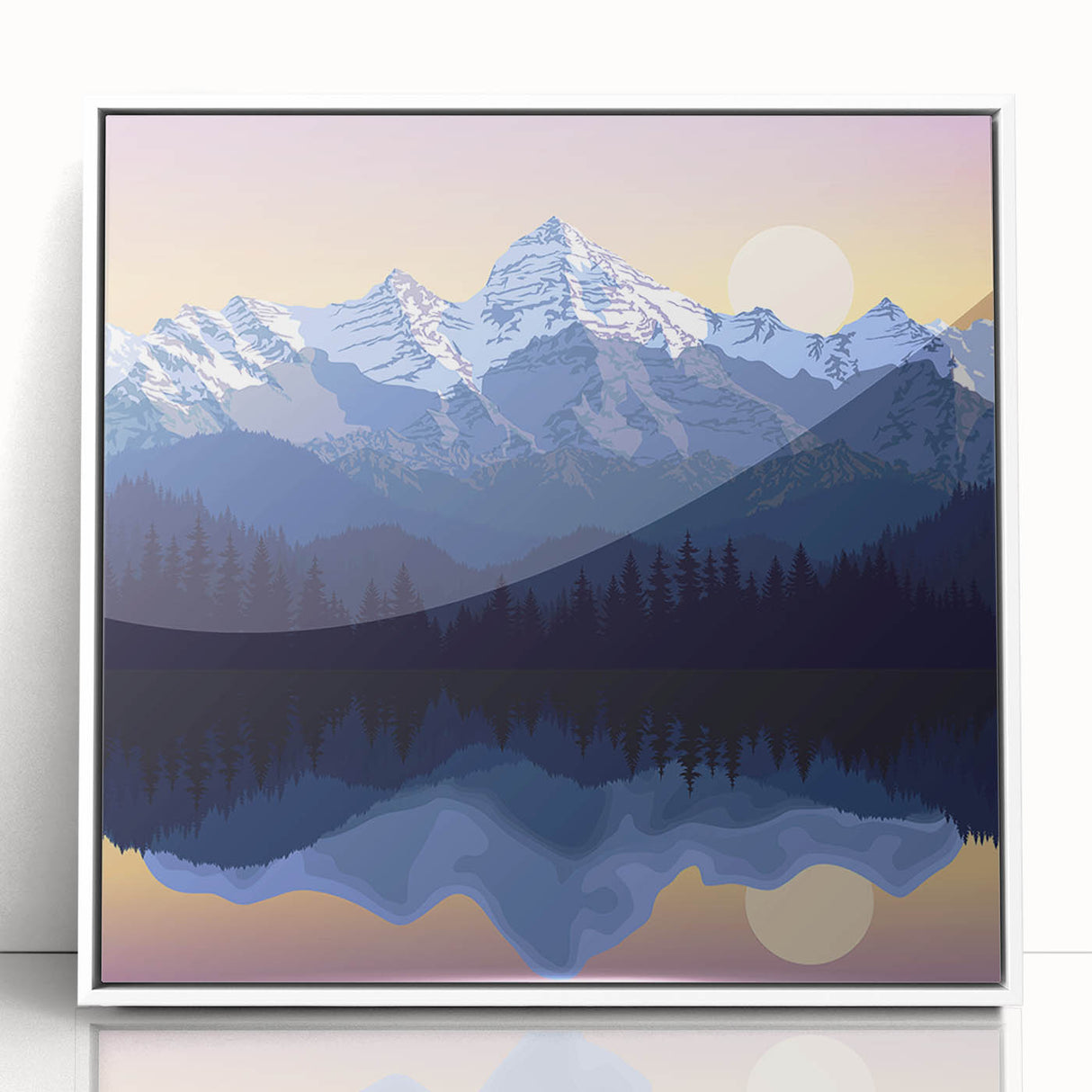 Acrylic print of the Rocky Mountains in muted earth tones, framed in white, suitable for modern art wall decor.