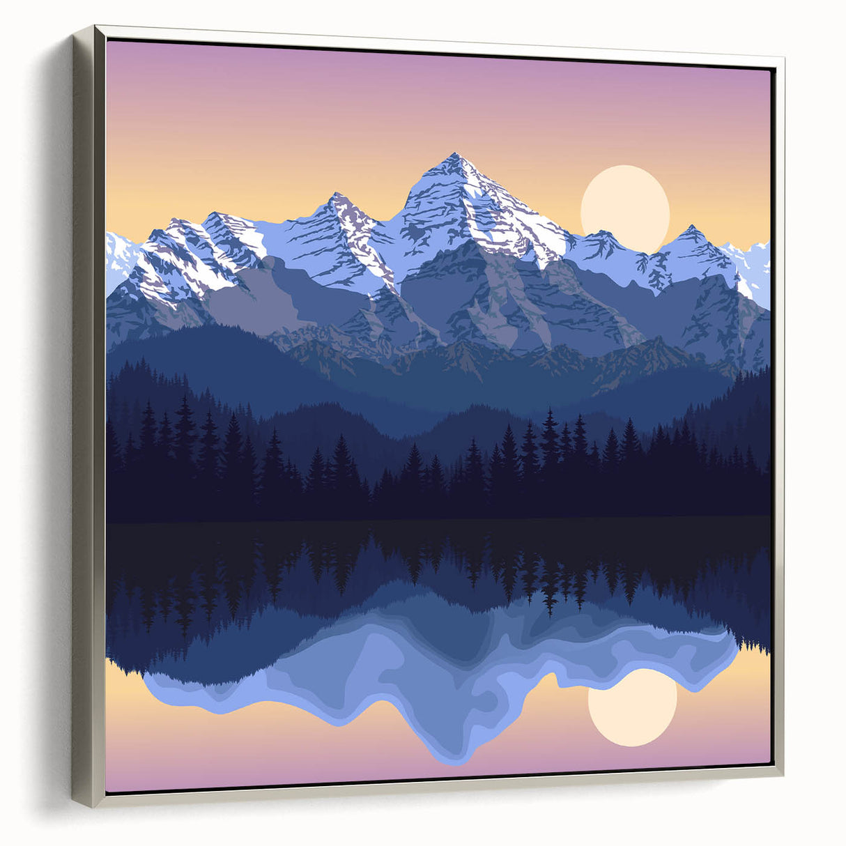 Framed canvas featuring a vintage-style landscape painting of the Rocky Mountains, with vibrant greens and blues.