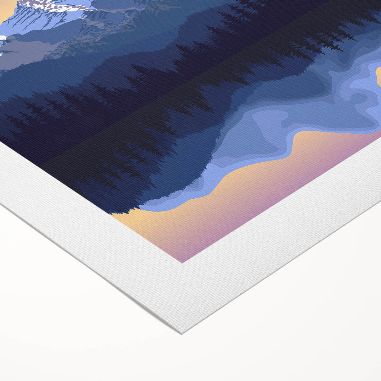 Art deco poster of Rocky Mountains in muted earth tones on rolled canvas, suitable for dining room decor.