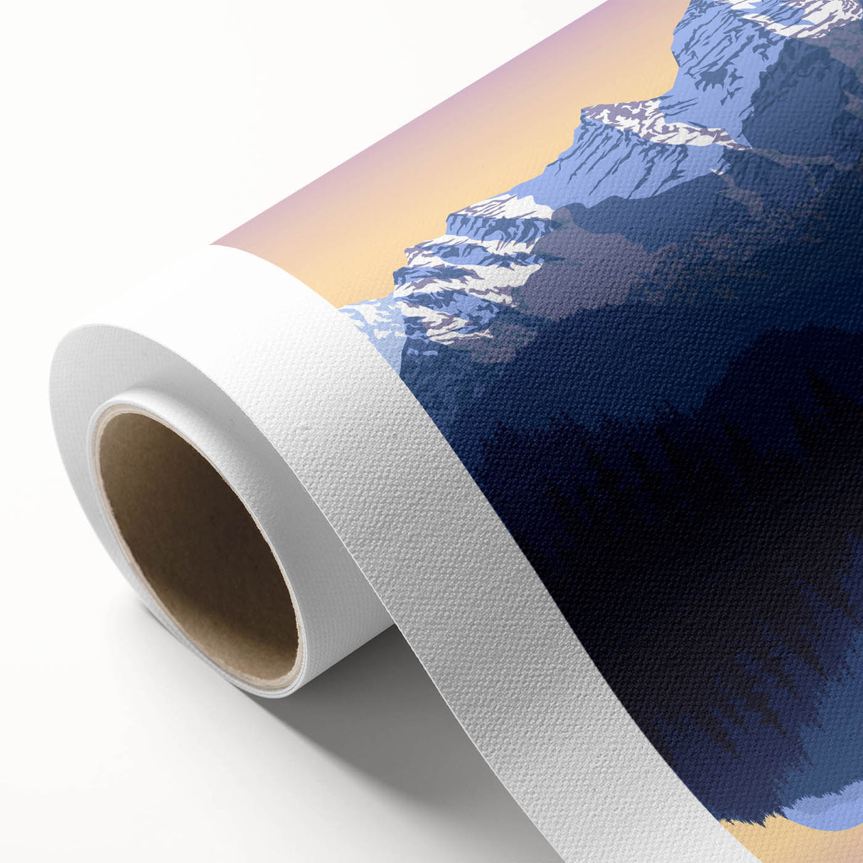 Art deco poster of the Rocky Mountains in muted earth tones on rolled canvas.