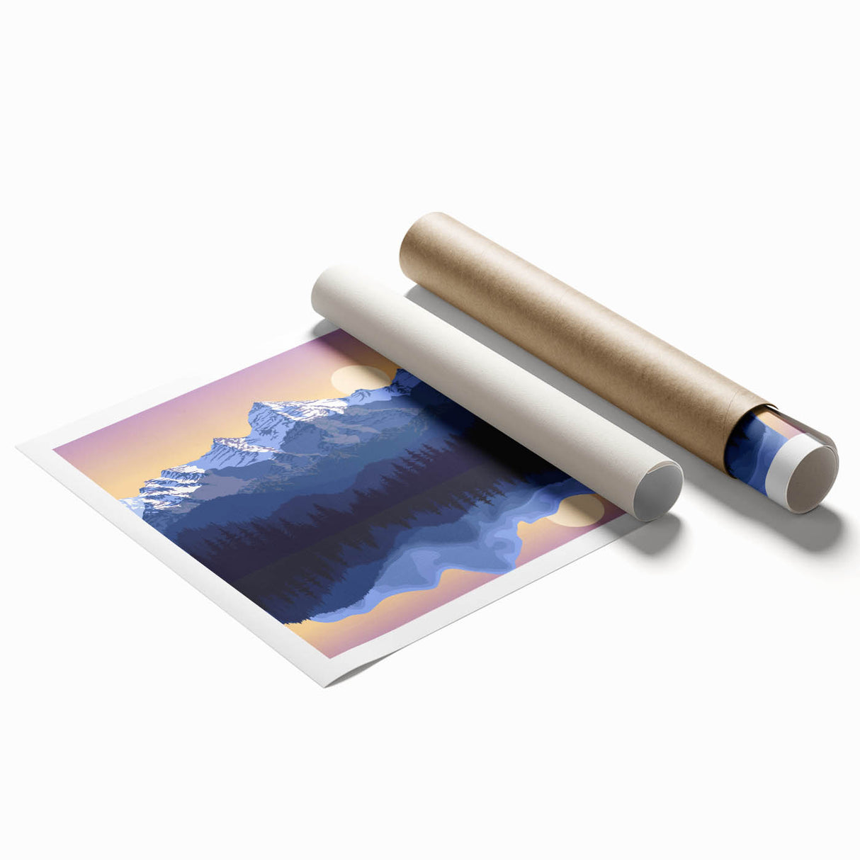 Rolled print of the Rocky Mountains in subdued earth tones, suitable for classy bathroom wall art.