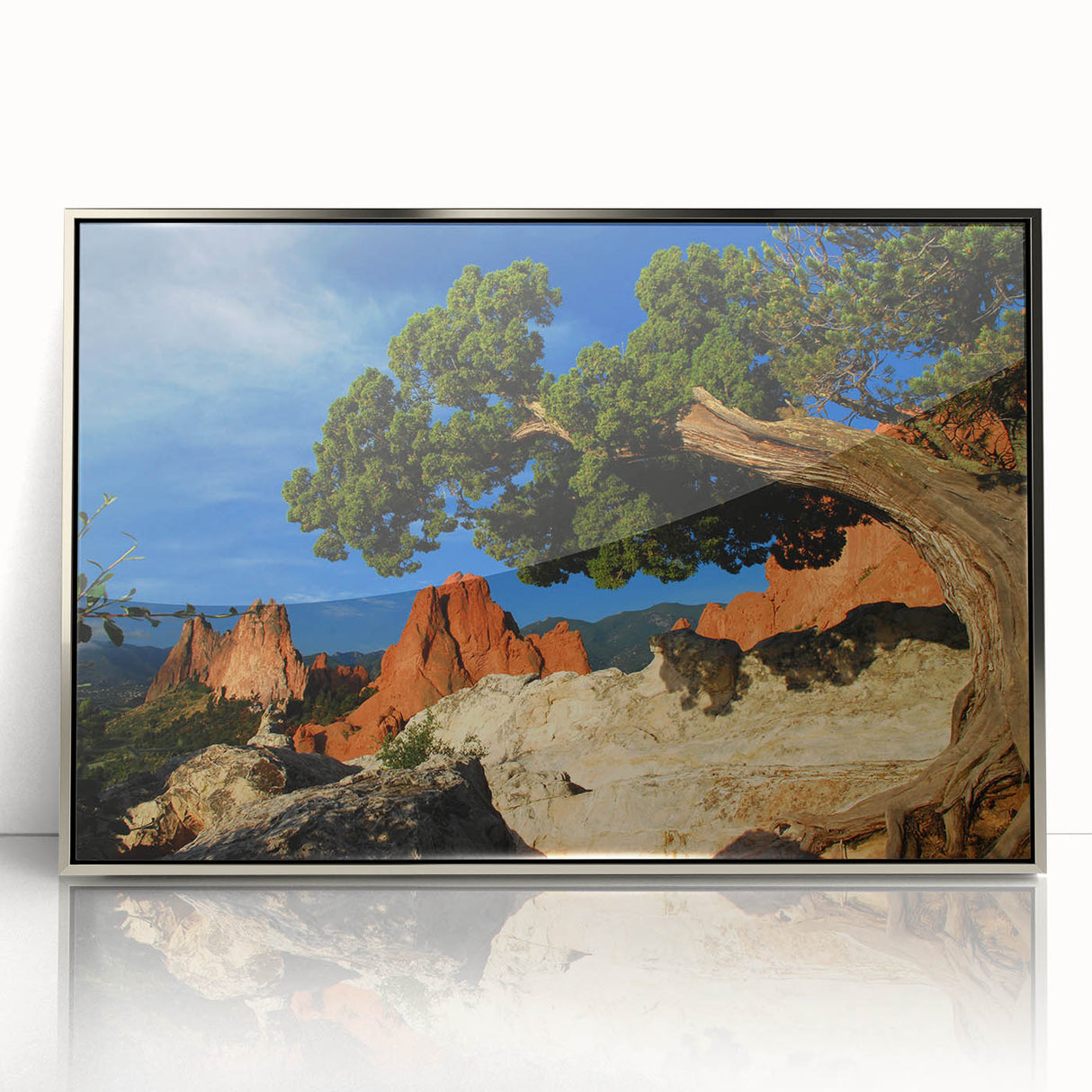 Mid-century modernist art depicting Colorado Springs scenery in acrylic, framed in silver, suitable for nursery wall art.