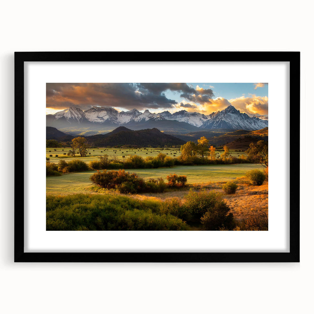Extra large abstract art print of Telluride, Colorado, featuring vibrant, colorful textures on a framed black mat.