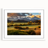 Abstract art print of Telluride, Colorado landscape in muted earth tones on a framed white matte canvas.