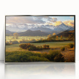 Mid-century modernist art depicting Telluride, Colorado landscape in muted earth tones on a silver-framed acrylic print.