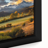 Extra large framed canvas of a black textured Colorado Telluride scenery, featuring colorful art ideal for living room decor.