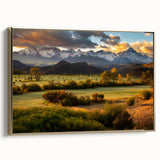 Framed canvas wall art depicting a vintage-style Telluride, Colorado landscape in muted earth tones, ideal for bedroom decor.