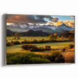 Framed landscape art painting of Telluride, Colorado in vibrant colors on a silver canvas, ideal for living room decor.