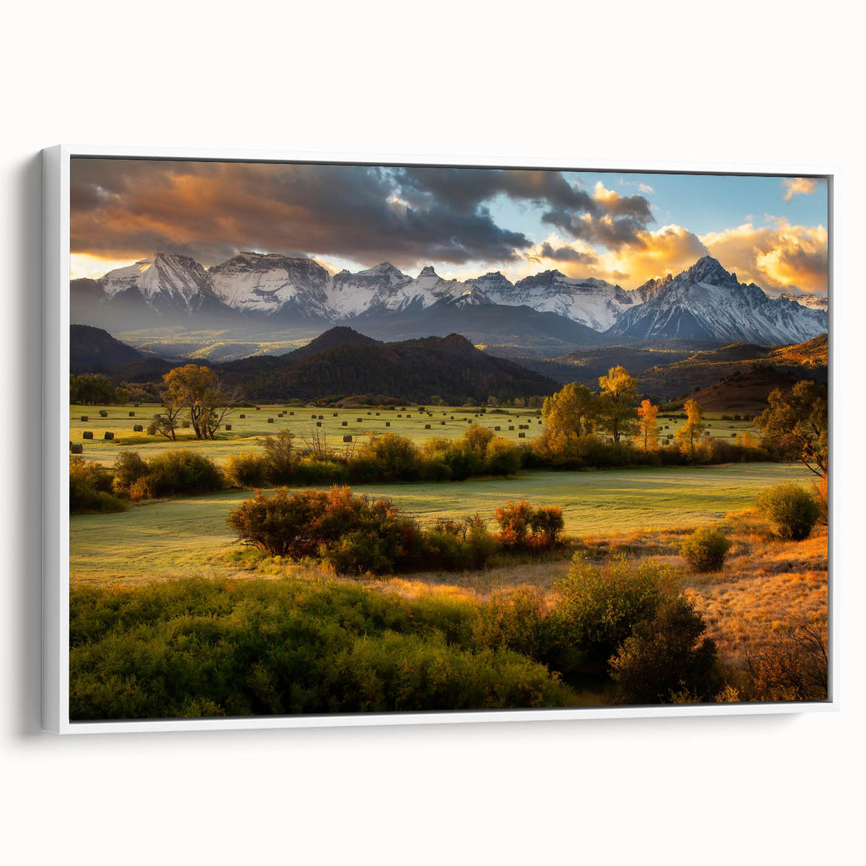 Vintage poster art of Telluride, Colorado in vibrant colors on a large framed canvas, suitable for living room decor.