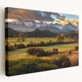 Large art depicting the Telluride, Colorado landscape in muted earth tones on stretched canvas, ideal for kitchen wall art.