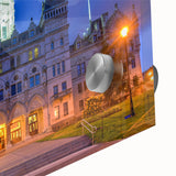 Large abstract wall art of Connecticut scenery in muted earth tones on acrylic glass, suitable for dining room ambiance.