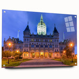 Acrylic print of a large abstract depiction of Connecticut scenery in muted earth tones.