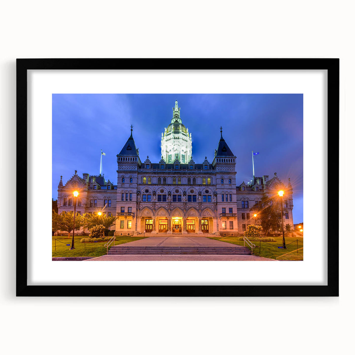 Extra large abstract art print featuring a colorful, textured depiction of Connecticut scenery on a black-framed canvas.