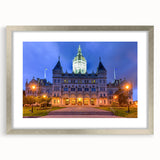 Abstract textured art print of a Connecticut scenery in muted earth tones, framed in silver, suitable for bedroom decor.