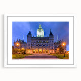 Abstract art print of Connecticut scenery in muted earth tones on a framed white mat, ideal for dining room decor.