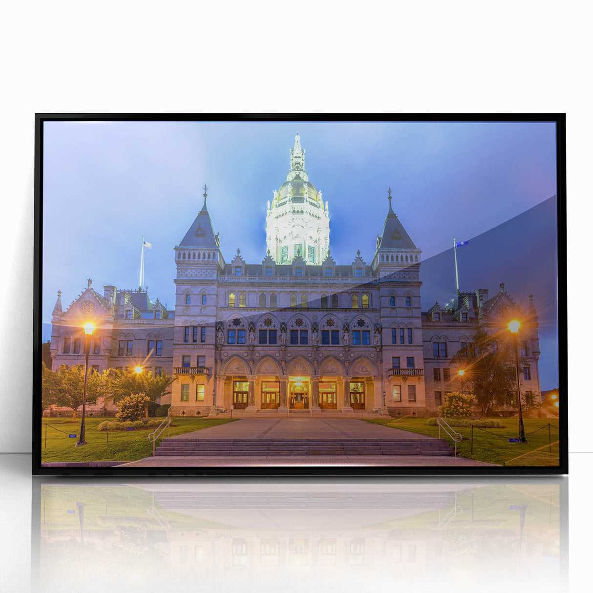 Large abstract wall art depicting a Connecticut scenery in muted gray and blue tones on a framed acrylic.