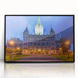 Large abstract wall art depicting a Connecticut scenery in muted gray and blue tones on a framed acrylic.