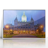 Art deco poster of Connecticut scenery in muted blue tones, framed acrylic, ideal for nursery wall art.