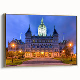 Framed canvas featuring a vintage-style landscape painting of Connecticut in black and gold tones.