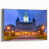 Landscape art painting of Connecticut scenery on framed canvas, featuring muted earth tones and a vintage poster style.