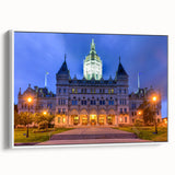 Vintage poster art of Connecticut scenery on extra large framed canvas, featuring colorful art on a black background.