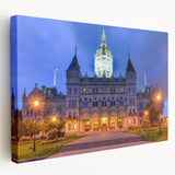 Large canvas print of Connecticut scenery in earthy green and blue tones, suitable for kitchen wall art.