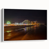 Vintage poster art of Daytona with colorful palette on white framed canvas, ideal for living room decor.