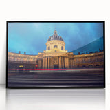 Large abstract wall art depicting a Delaware scenery in muted gray and blue tones, framed in black acrylic.