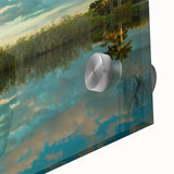 Large abstract wall art depicting the Everglades in muted green and blue tones on acrylic glass.