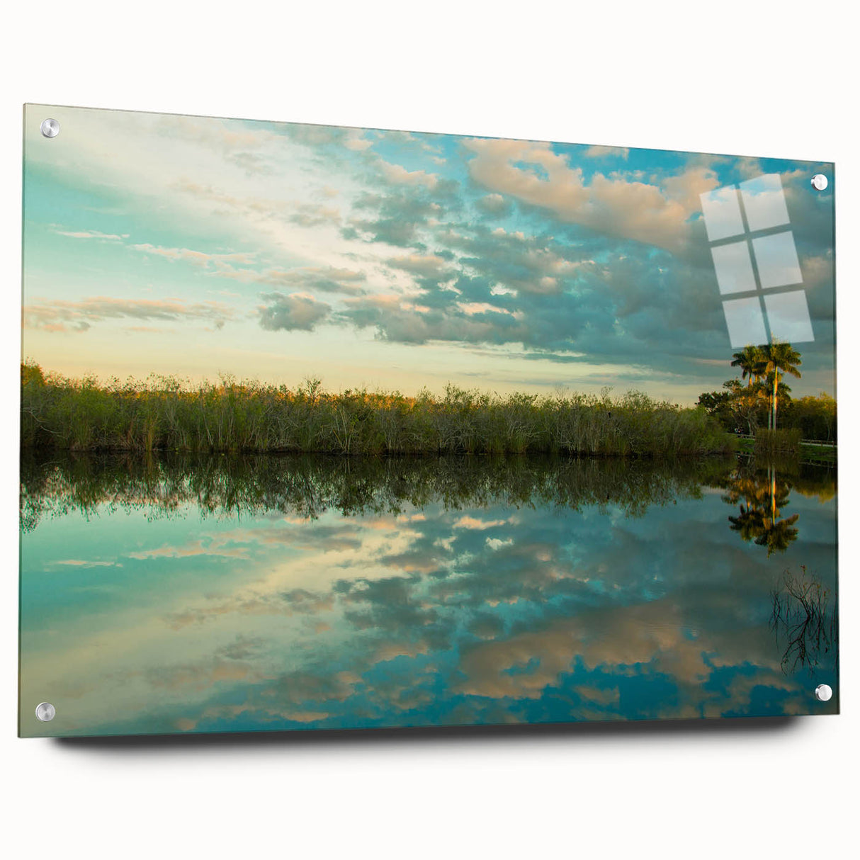 Acrylic print of the Everglades with green and blue tones, suitable for bedroom or dining room decor.